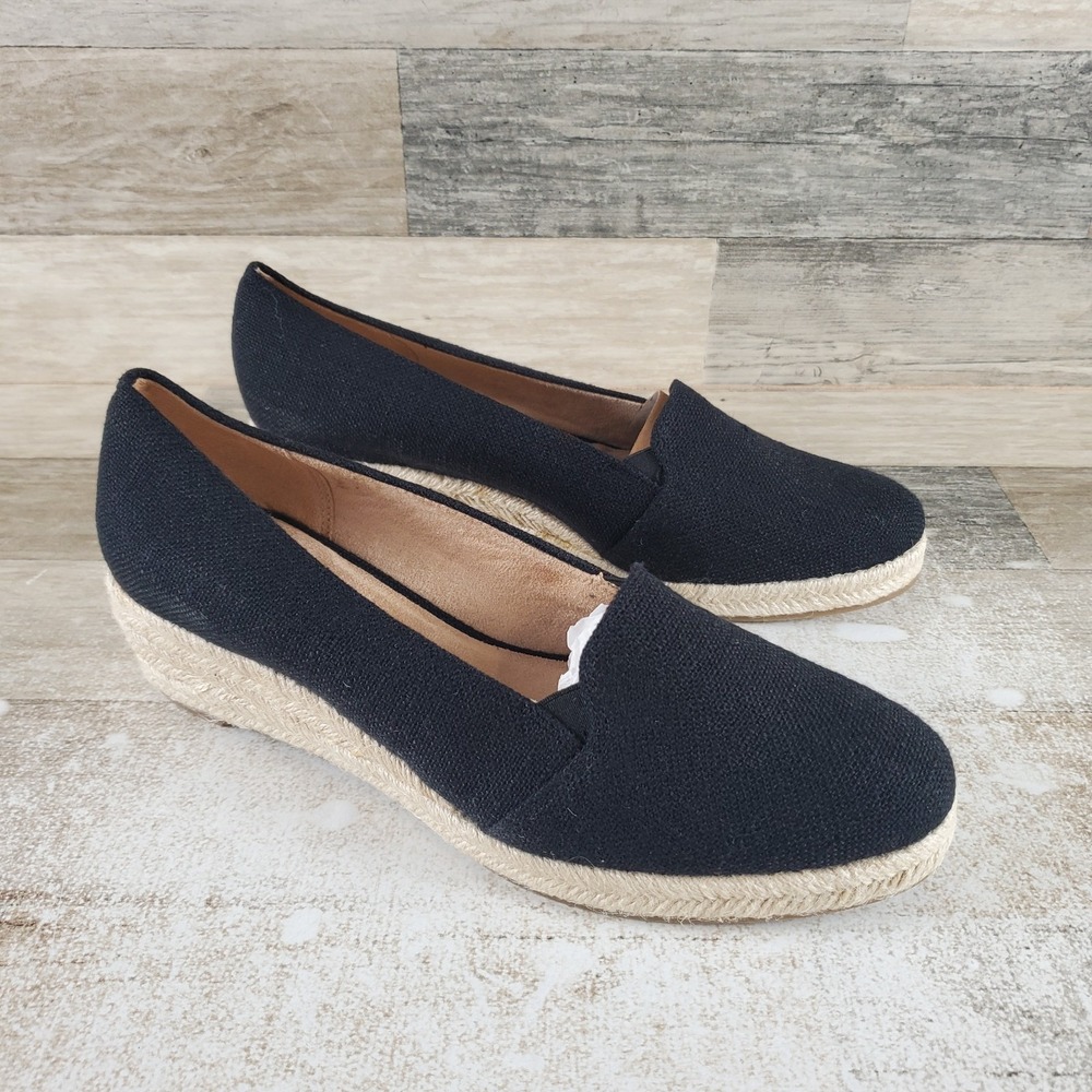 LifeStride Kamilla Womens Wedge Espadrilles Sz 9.5 W Black Slip On Round Toe